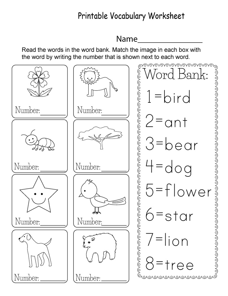 English Kindergarten Worksheets Vocabulary