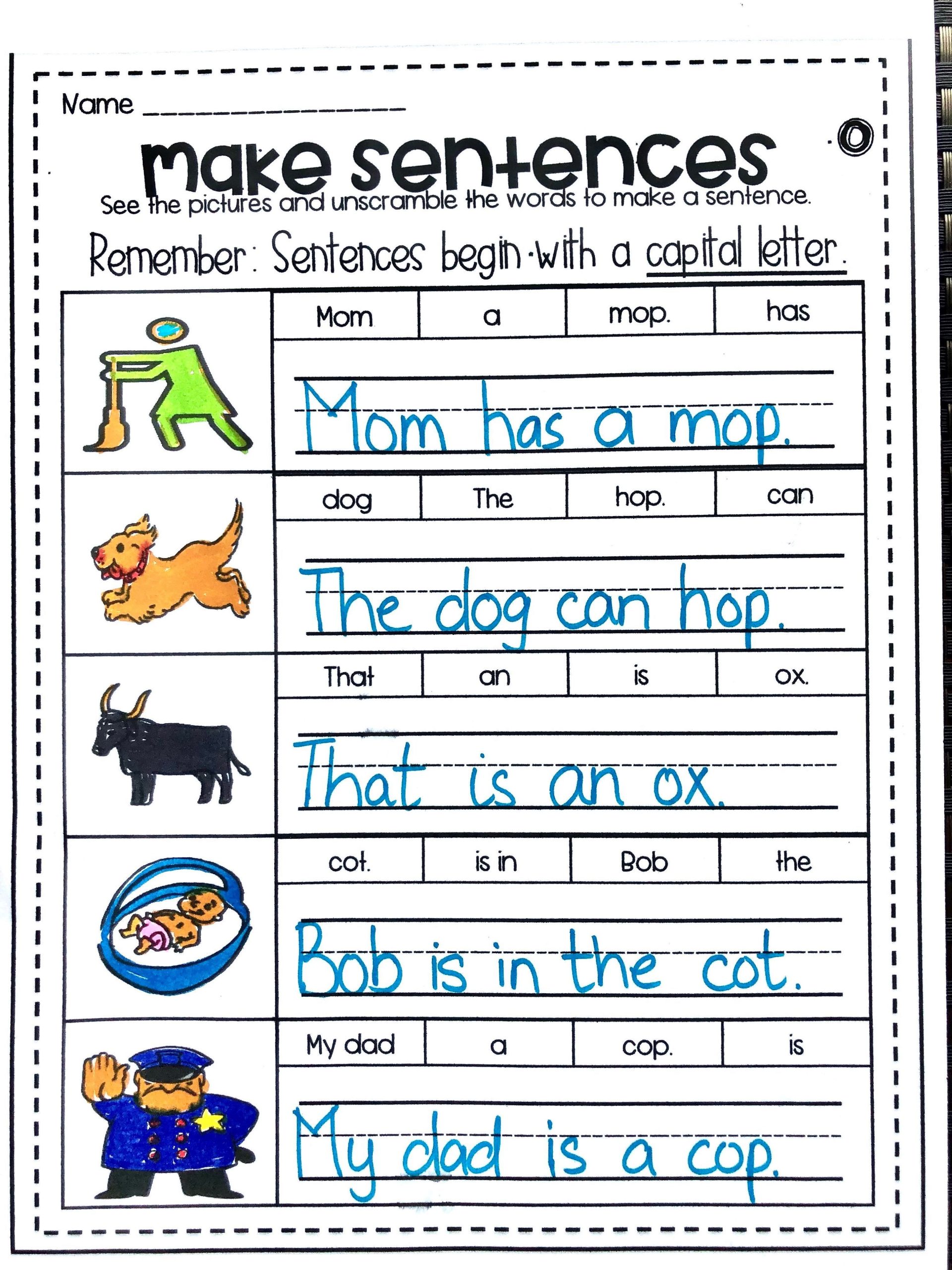 Kindergarten Printable Worksheets Setences
