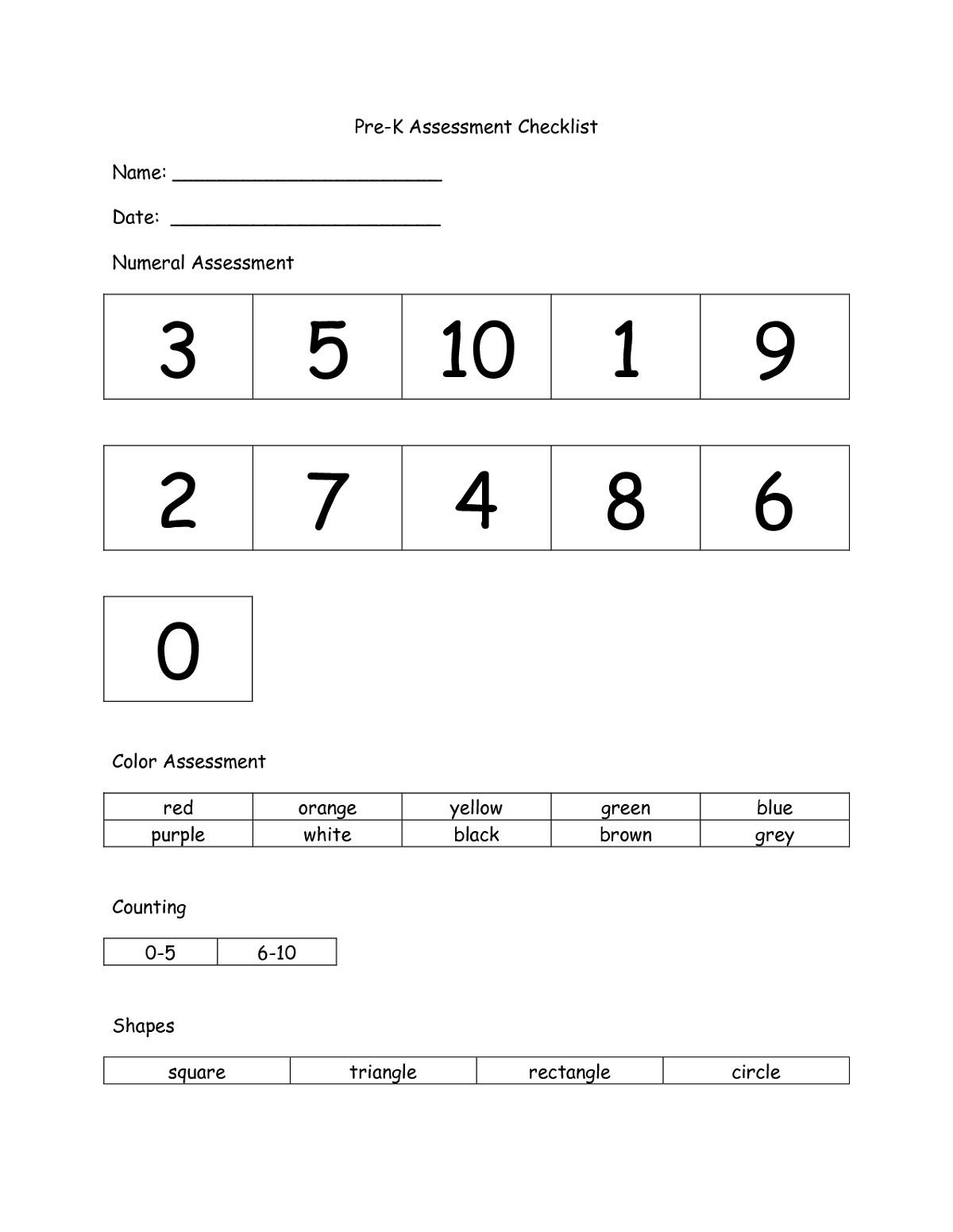 Printable Kindergarten Math Worksheets Assessement