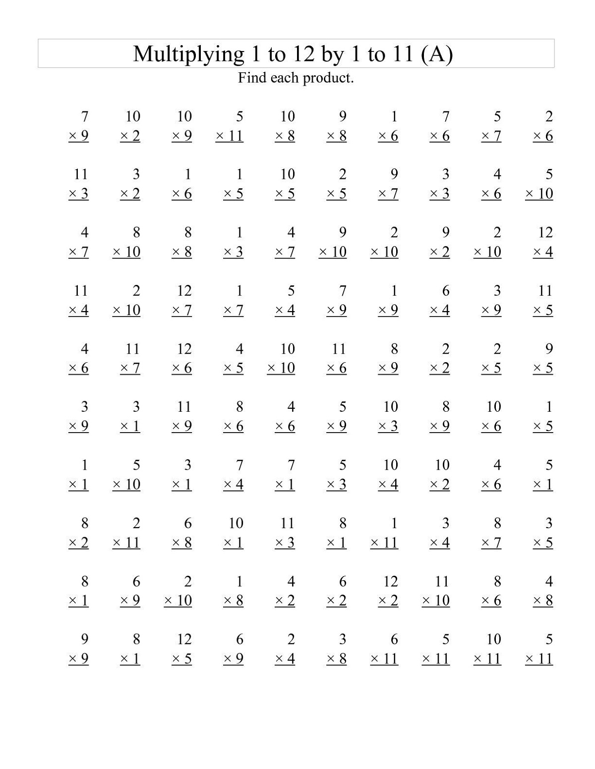 Multiplication Table Worksheet Drills