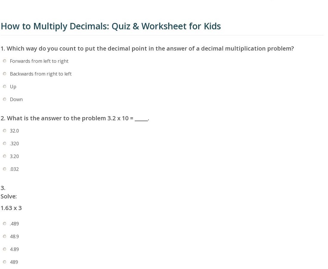 Decimal Multiplication Worksheet Quiz