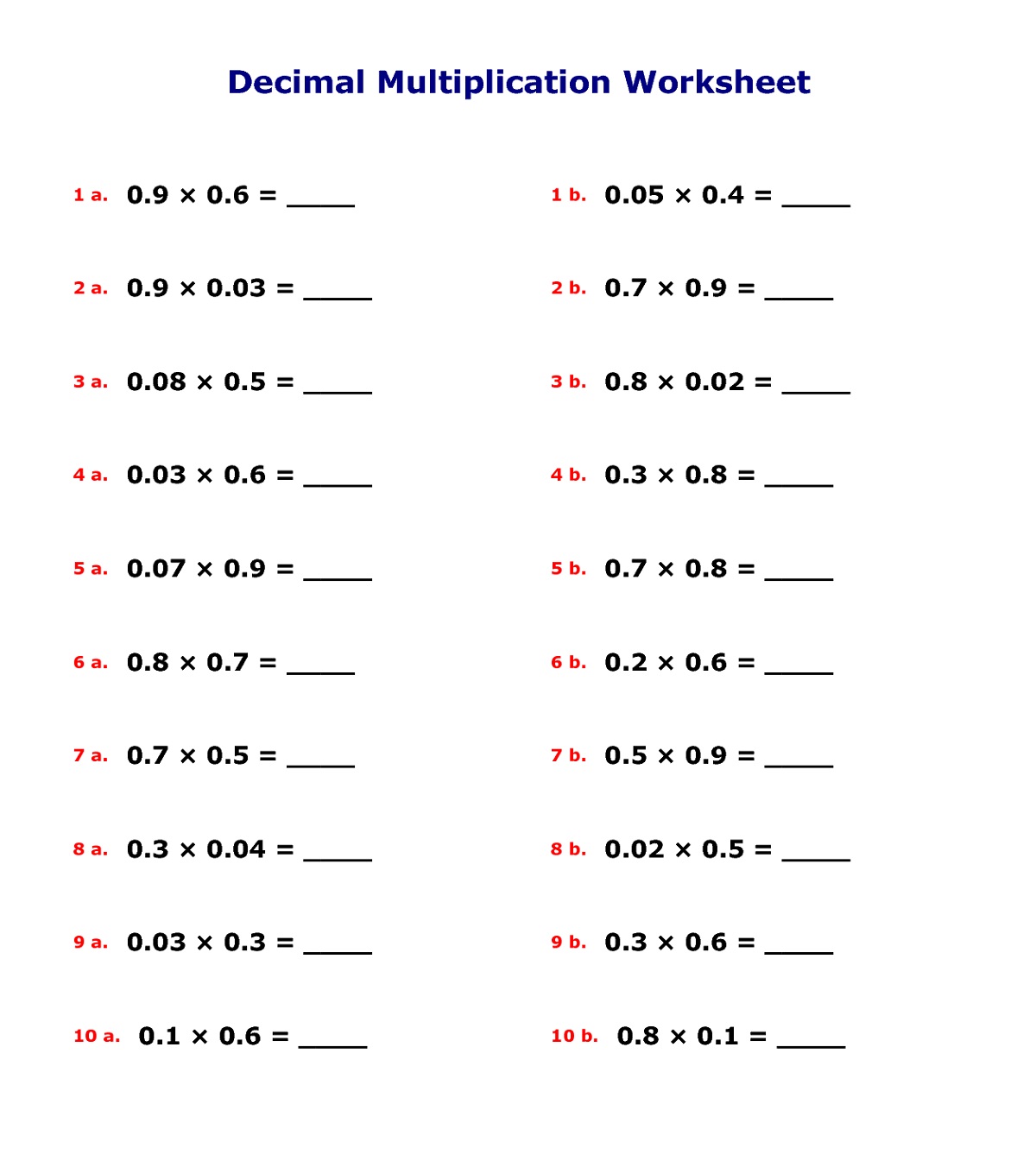 division and multiplication worksheets Decimal