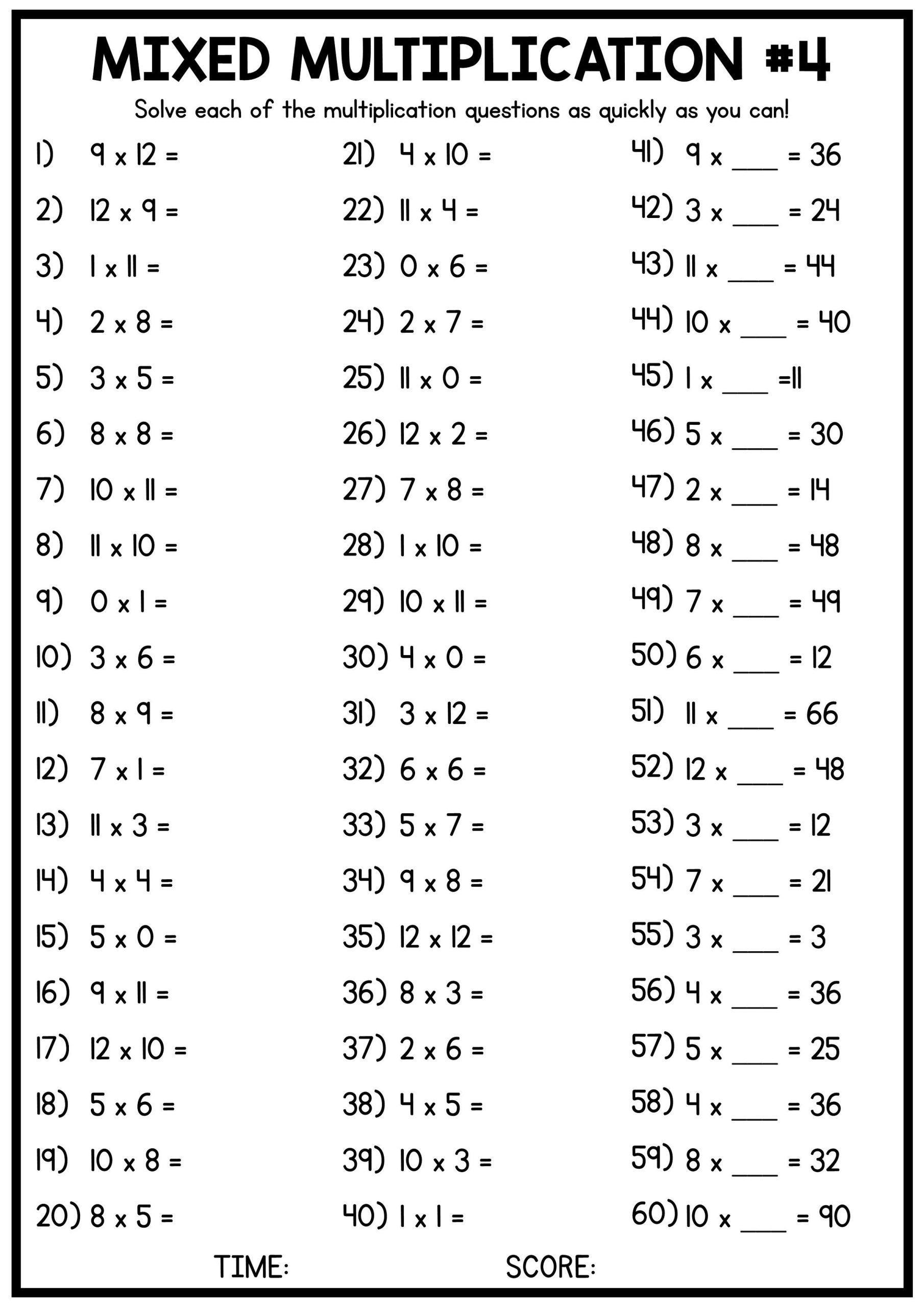 Multiplication Table Worksheet Mixed