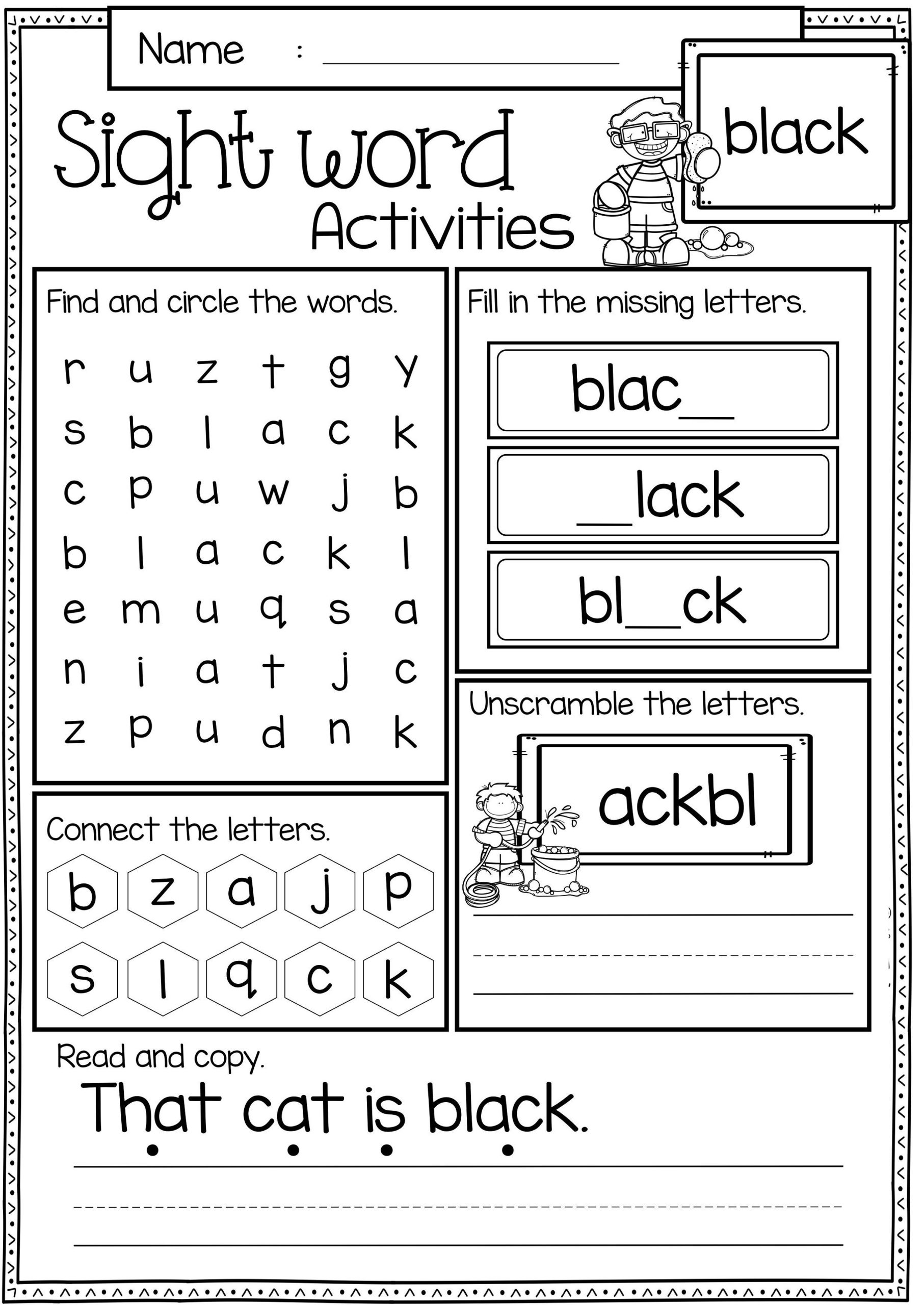 Sight Word Worksheets Kindergarten Black