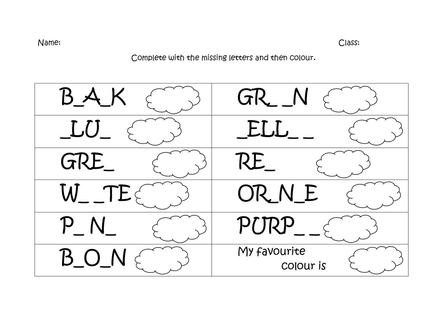 Spelling Worksheets Colours